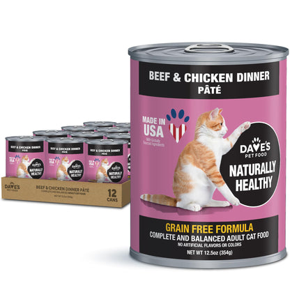 Dave's Grain-Free Wet Cat Food Beef & Chicken Dinner Pâté – 12 Pack