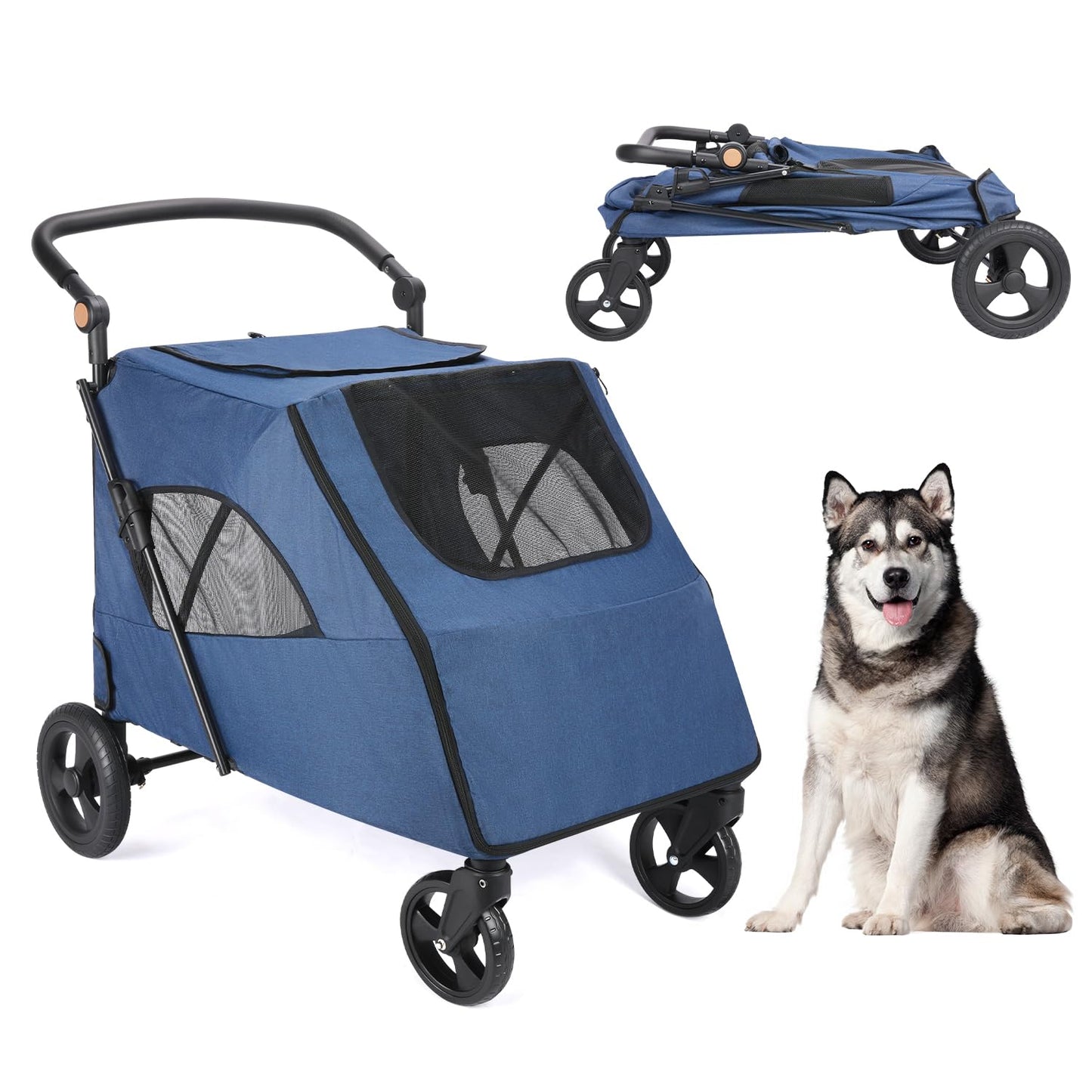 Dog Stroller Pet Foldable Cart with 4 Wheels Mesh Skylight Pet Stroller for Small to Large Dogs and Other Pet Travel Storage Space Pet Can Easily Walk Outoor (Navy)