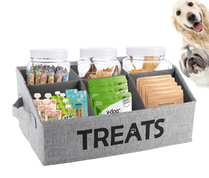 Brabtod Dog Storage OrganizerDog Treat Container BinCollapsible Fabric Storage Box for Pet Treats with dividersDog Stuff Container for Dog Treats Stick/Pet Canned Food/Packaged Snacks-Grey