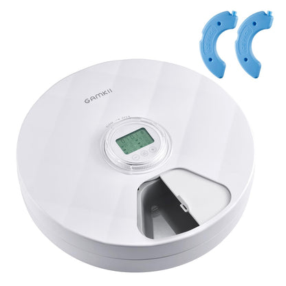 GAMKII Automatic Cat Wet Food Feeder 6 Meals with 2 Ice Packs & Rotatable Food Cover Cordless Battery Power Auto Pet Small Dogs Food Dispenser with Timer Memory Function (ABS Food Tray)