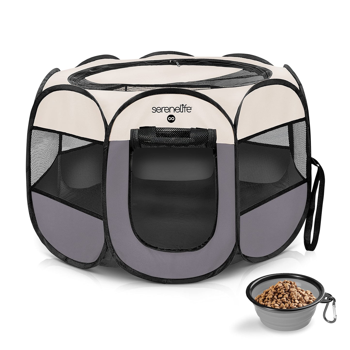 SereneLife 8-Panel Playpen for Dog & Cat w/Food/Water Bowl Mesh Exercise Puppy Playground Pet House Indoor & Outdoor Travel & Camping Pet Kennel ON-The-GO Foldable Portable Pet Tent (Grey- Large)