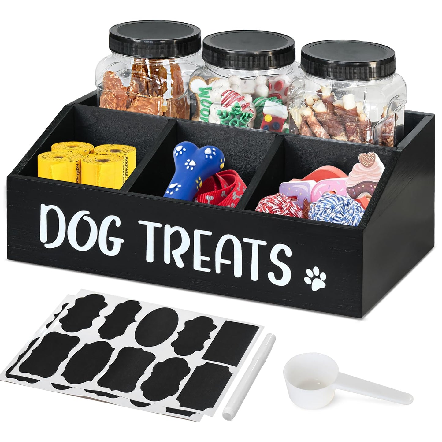 Gymvcsi Large Dog Treat Container Cat Food Storage Container with 3 Jars & 3 Compartment Cute Pet Treat Organizer for Dog & Cat Dog Food Storage Canister for Kitchen Countertop Gift for Pet Owner